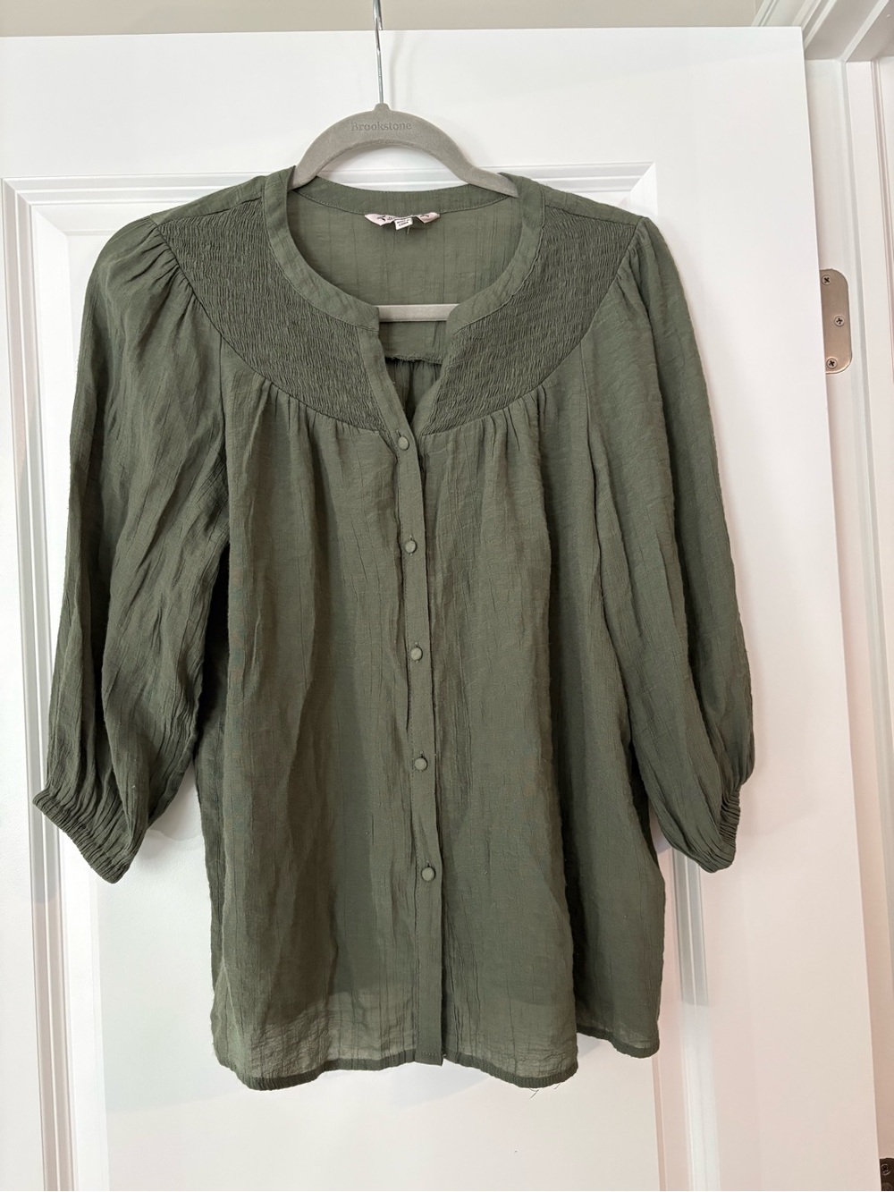 Nanette Lepore Olive Green Smocked Yoke Blouse Medium 3/4 Sleeve
